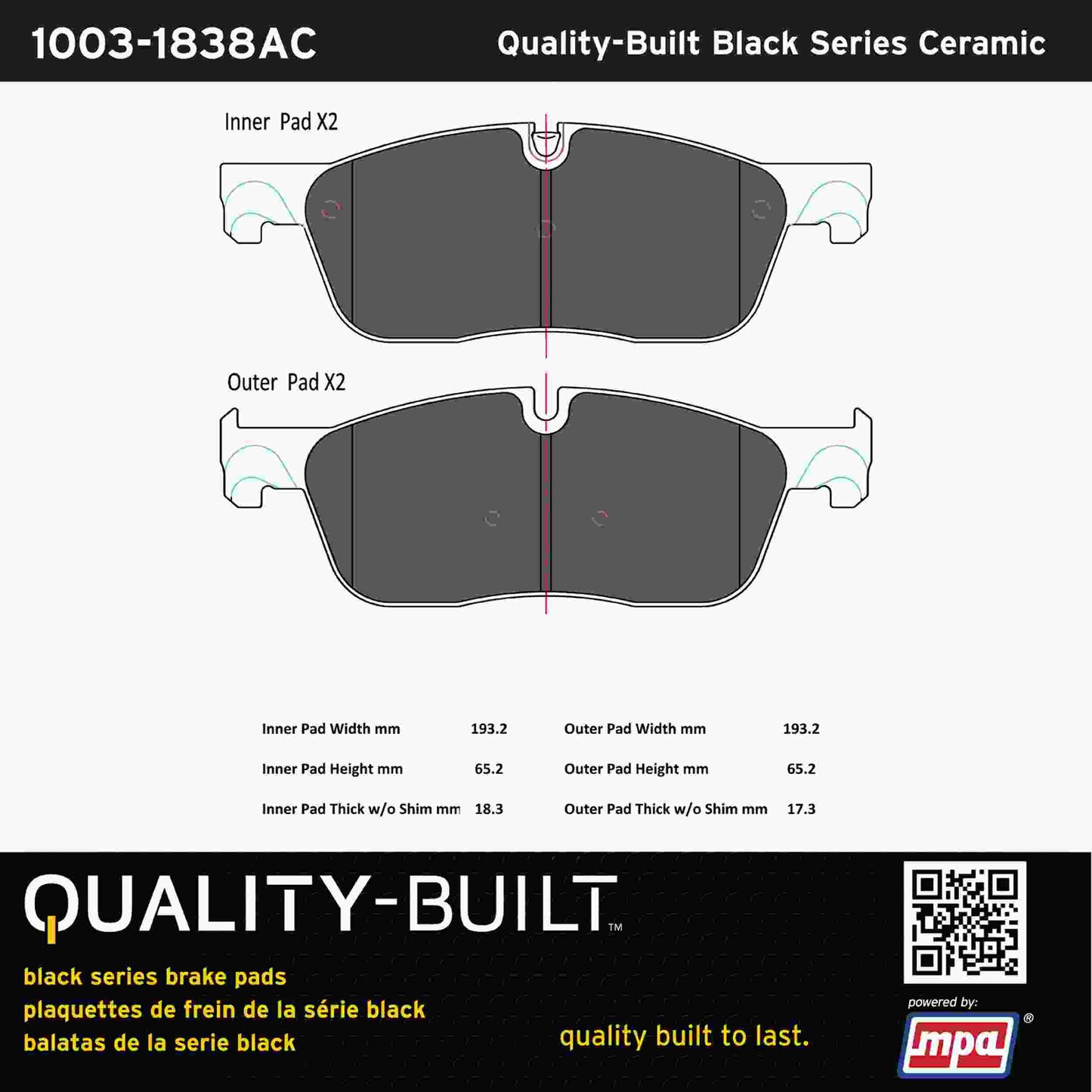 Quality-Built Black Series Ceramic Brake Pads 1003-1838AC