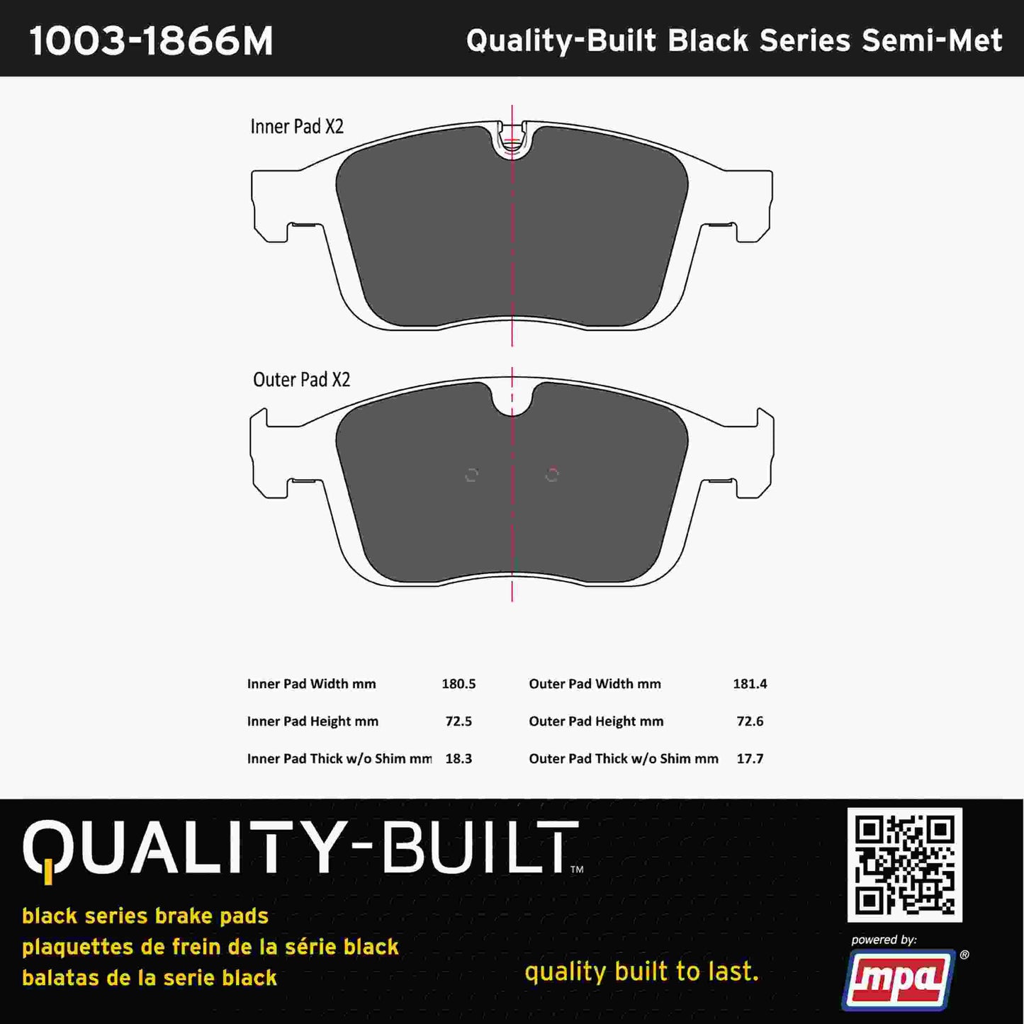 Quality-Built Black Series Semi-Metallic Brake Pads 1003-1866M