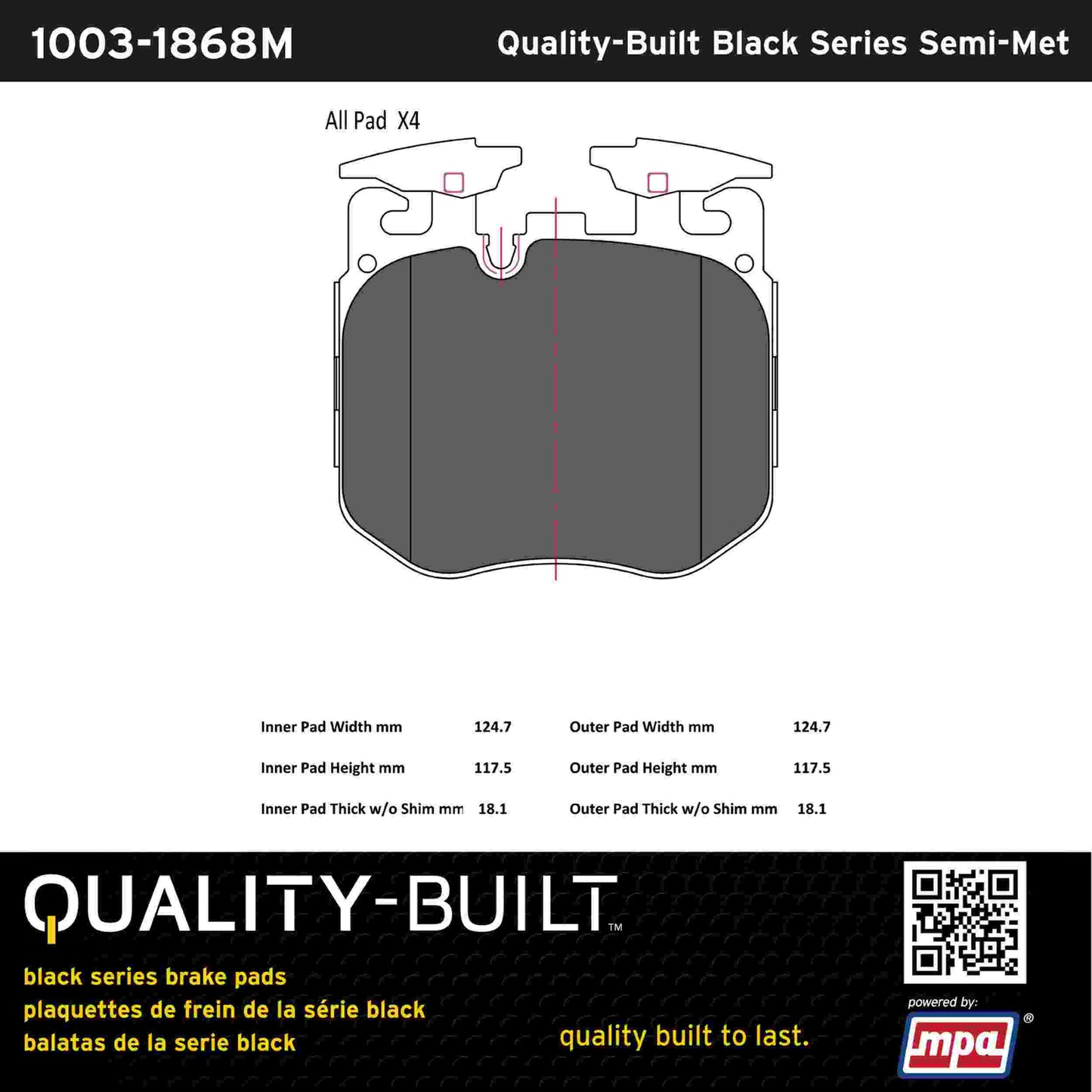 Quality-Built Black Series Semi-Metallic Brake Pads 1003-1868M