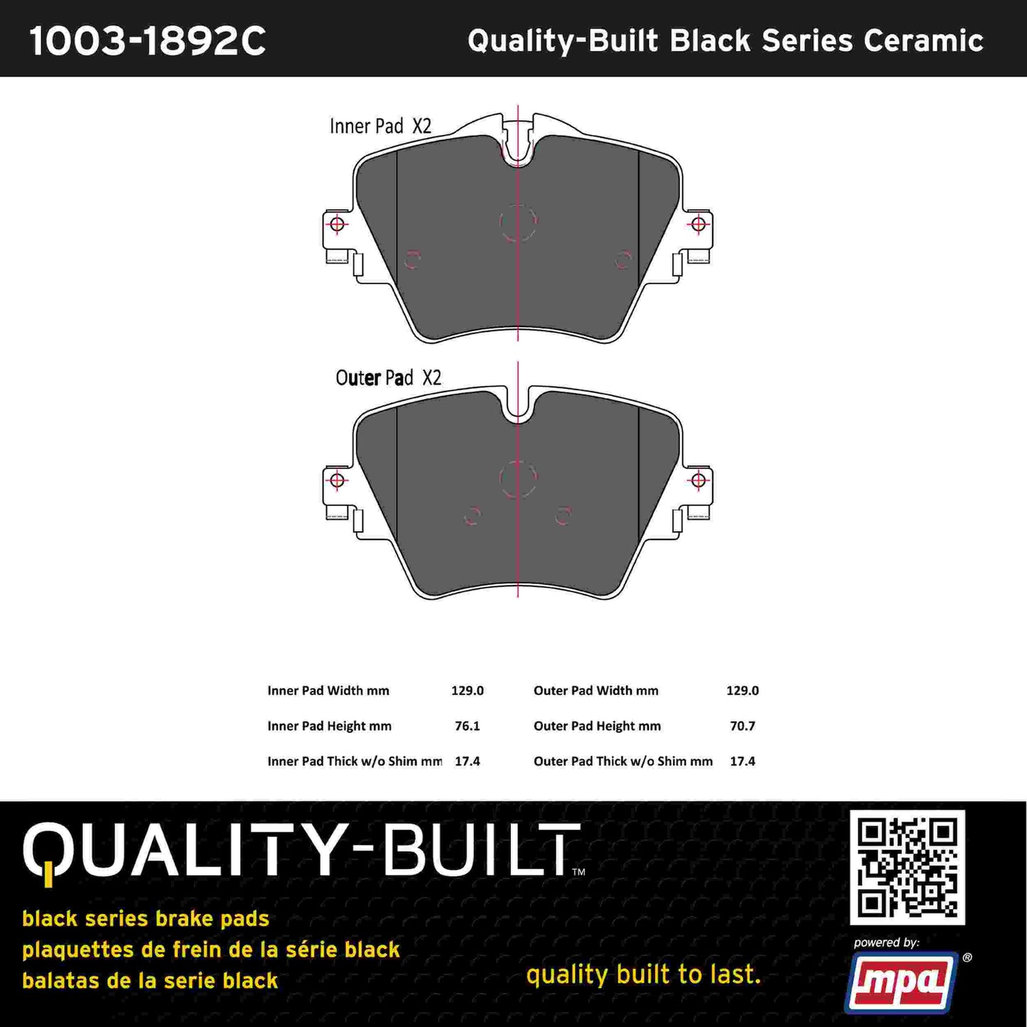 Quality-Built Black Series Ceramic Brake Pads 1003-1892C