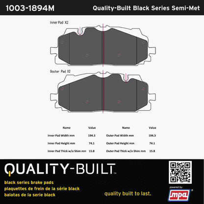 Quality-Built Black Series Semi-Metallic Brake Pads 1003-1894M