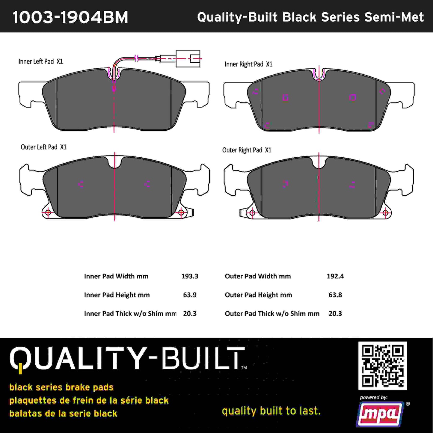 Quality-Built Black Series Semi-Metallic Brake Pads 1003-1904BM