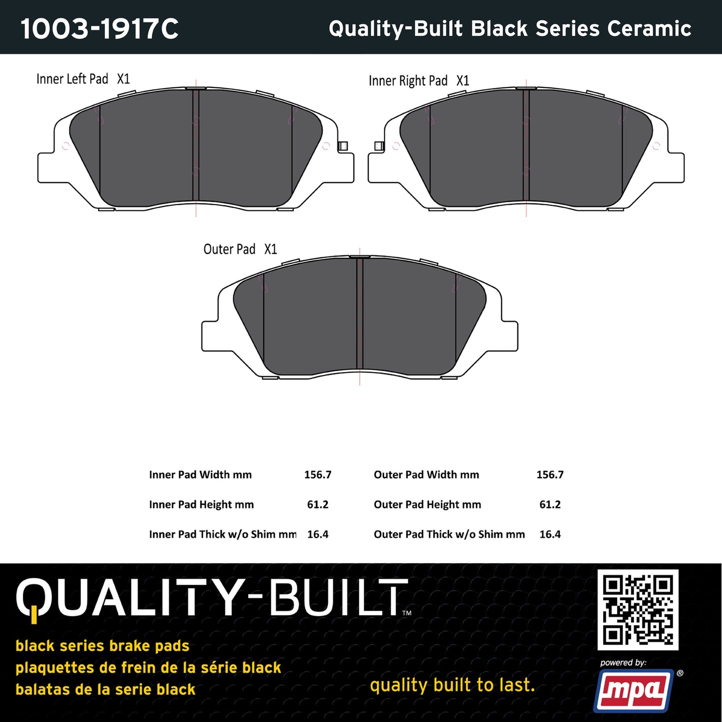 Quality-Built Black Series Ceramic Brake Pads 1003-1917C