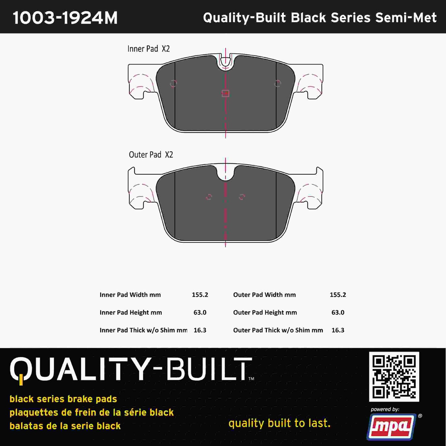 Quality-Built Black Series Semi-Metallic Brake Pads 1003-1924M