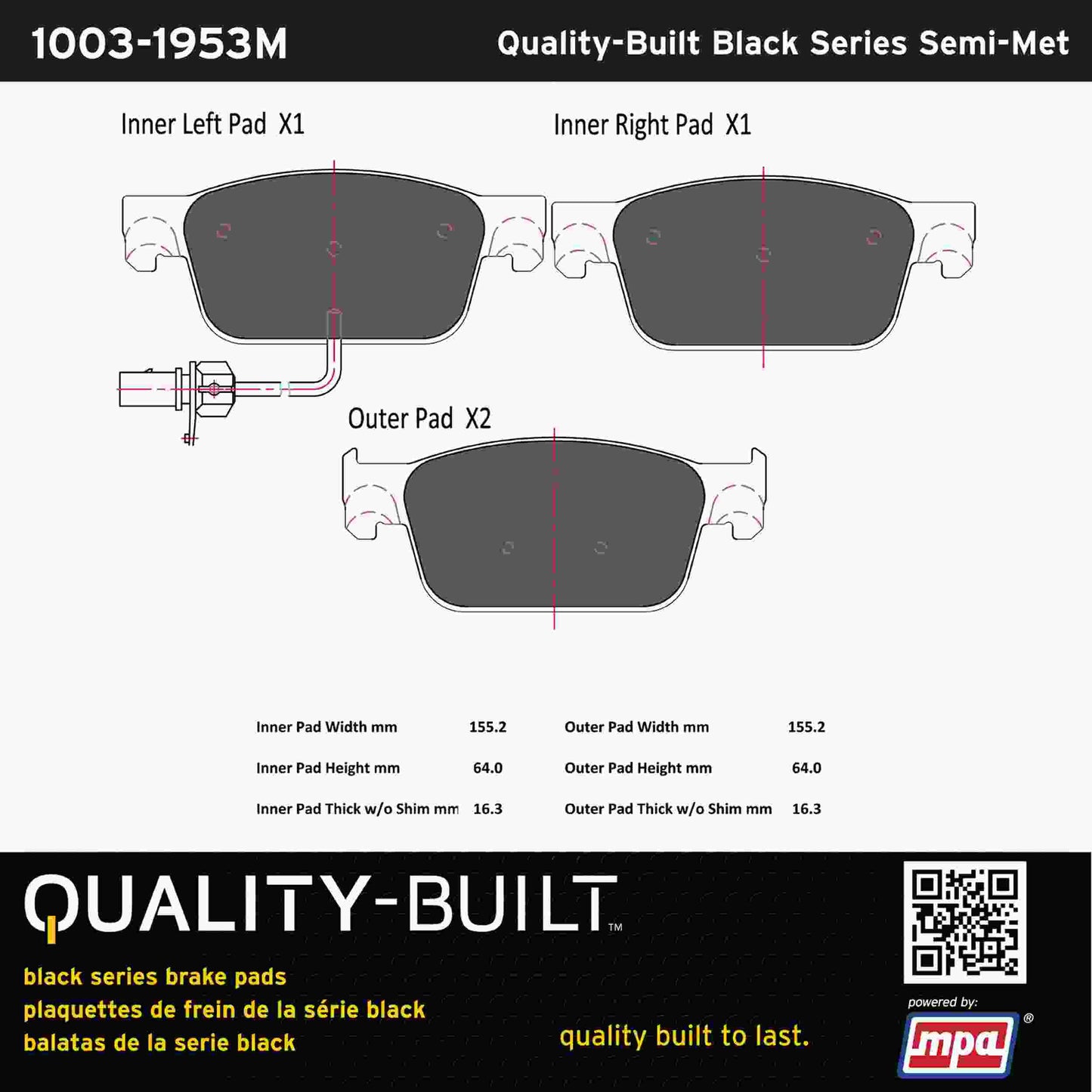 Quality-Built Black Series Semi-Metallic Brake Pads 1003-1953M