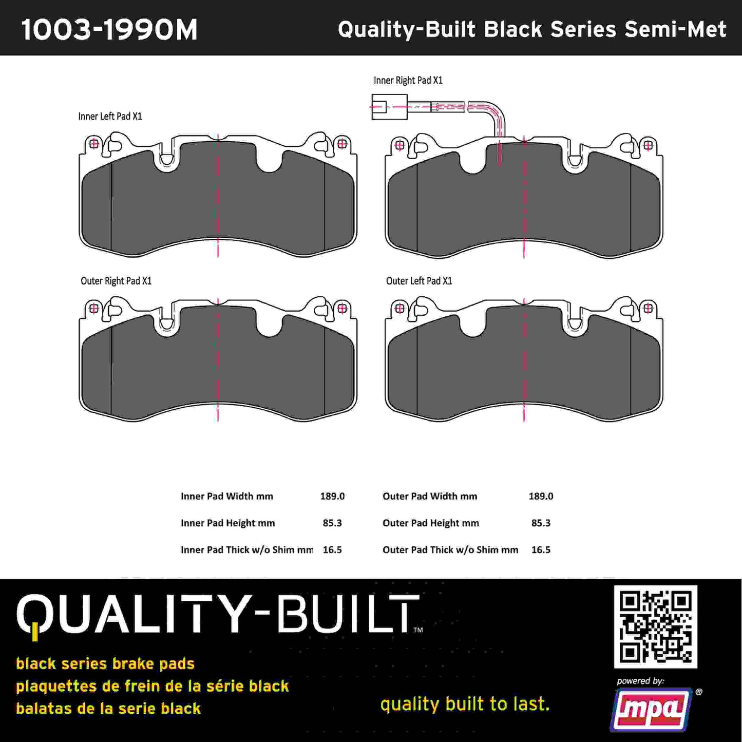 Quality-Built Black Series Semi-Metallic Brake Pads 1003-1990M