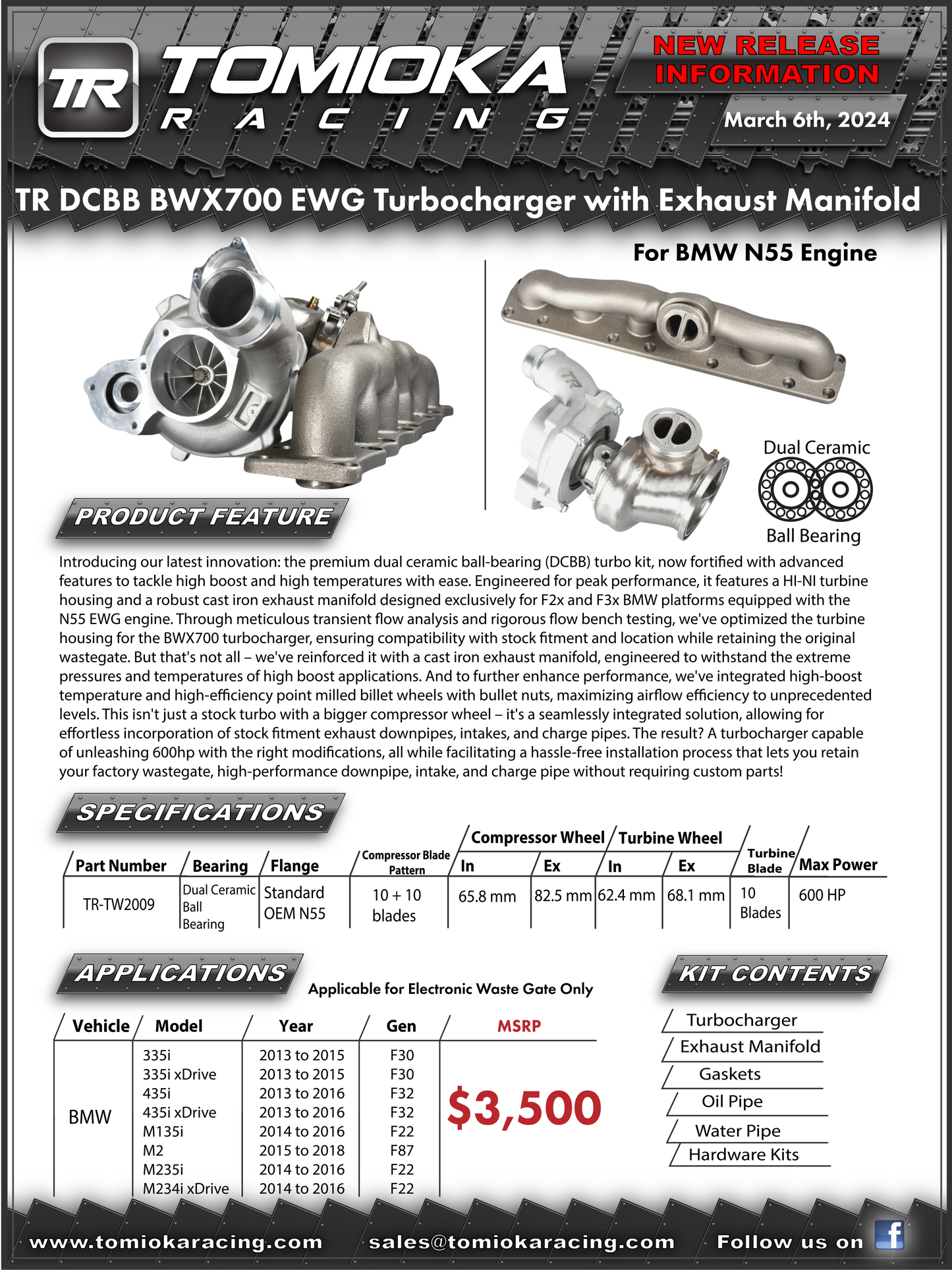 TOMIOKA RACING TR TW2009 DCBB BWX700 600HP Turbocharger with Exhaust Manifold for BMW N55 Engine