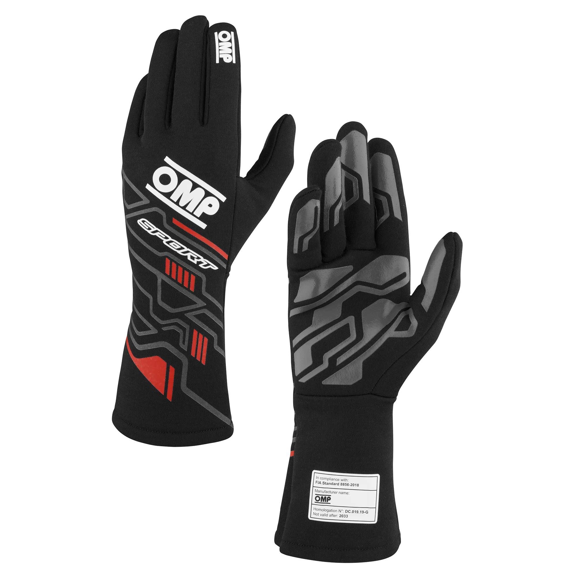 OMP SPORT GLOVES FIA 8856-20 18 BLACK / RED SZ. L Safety Clothing Driving Gloves main image