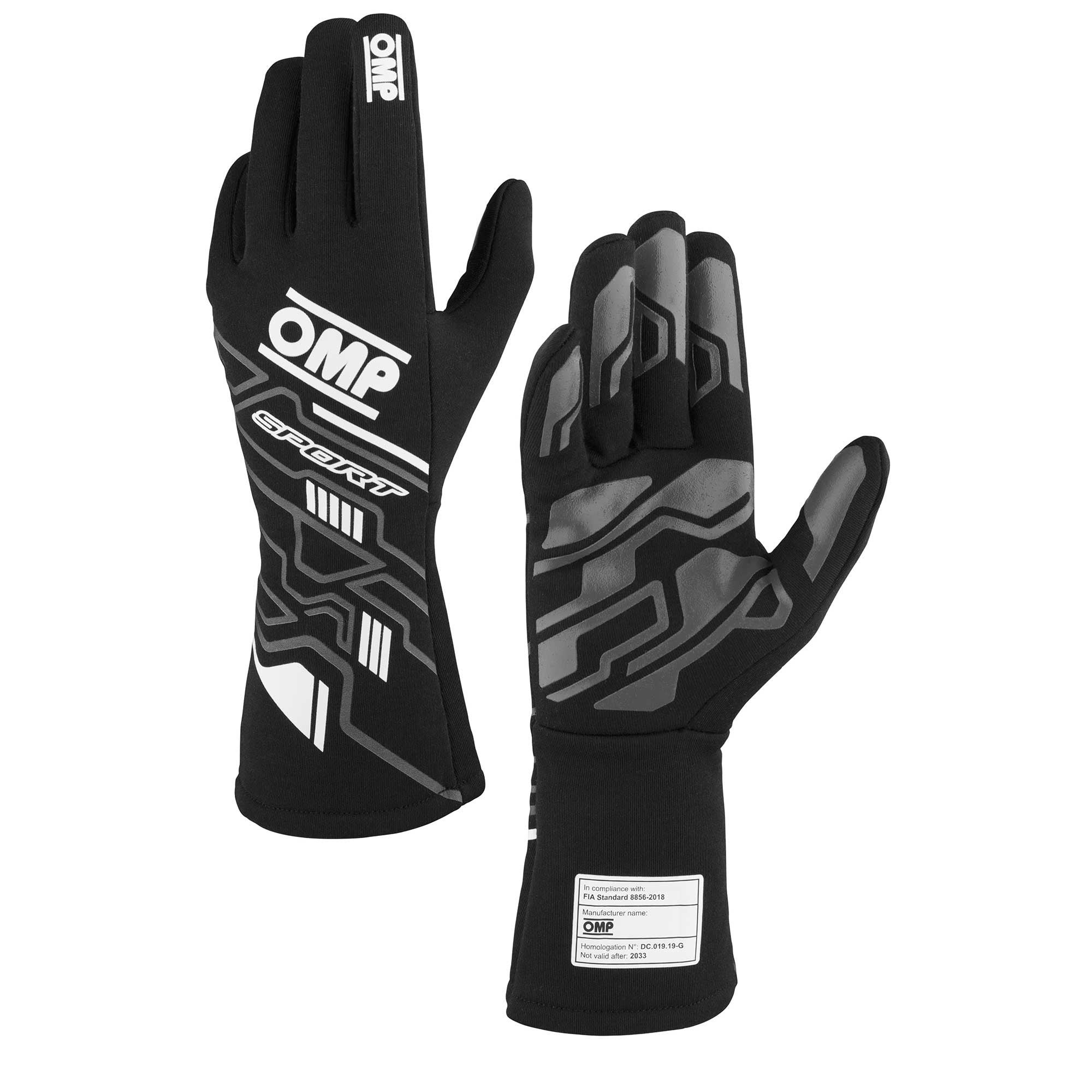 OMP SPORT GLOVES FIA 8856-20 18 BLACK / WHITE SZ. L Safety Clothing Driving Gloves main image