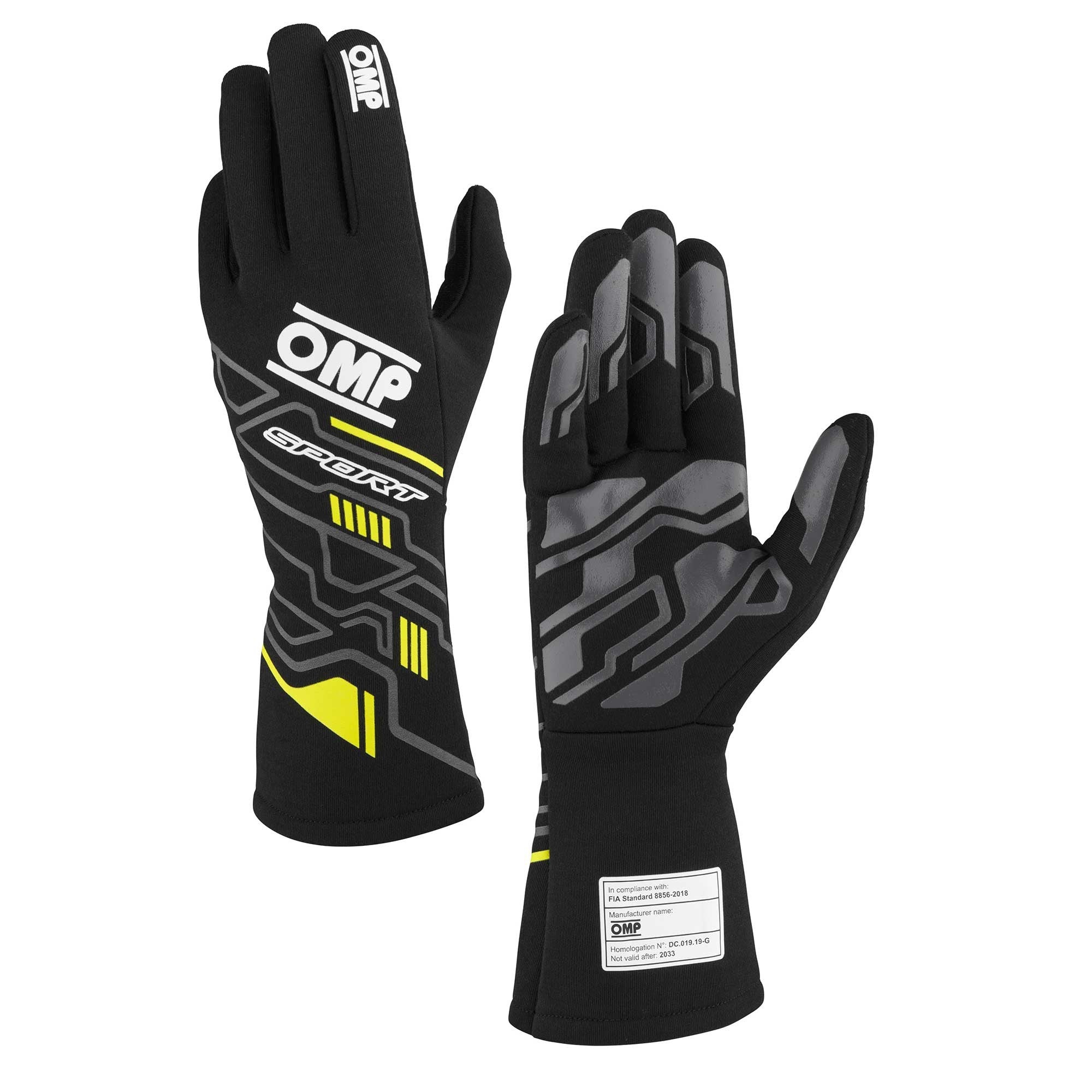 OMP SPORT GLOVES FIA 8856-20 18 BLACK / FLUO YELLOW S Safety Clothing Driving Gloves main image