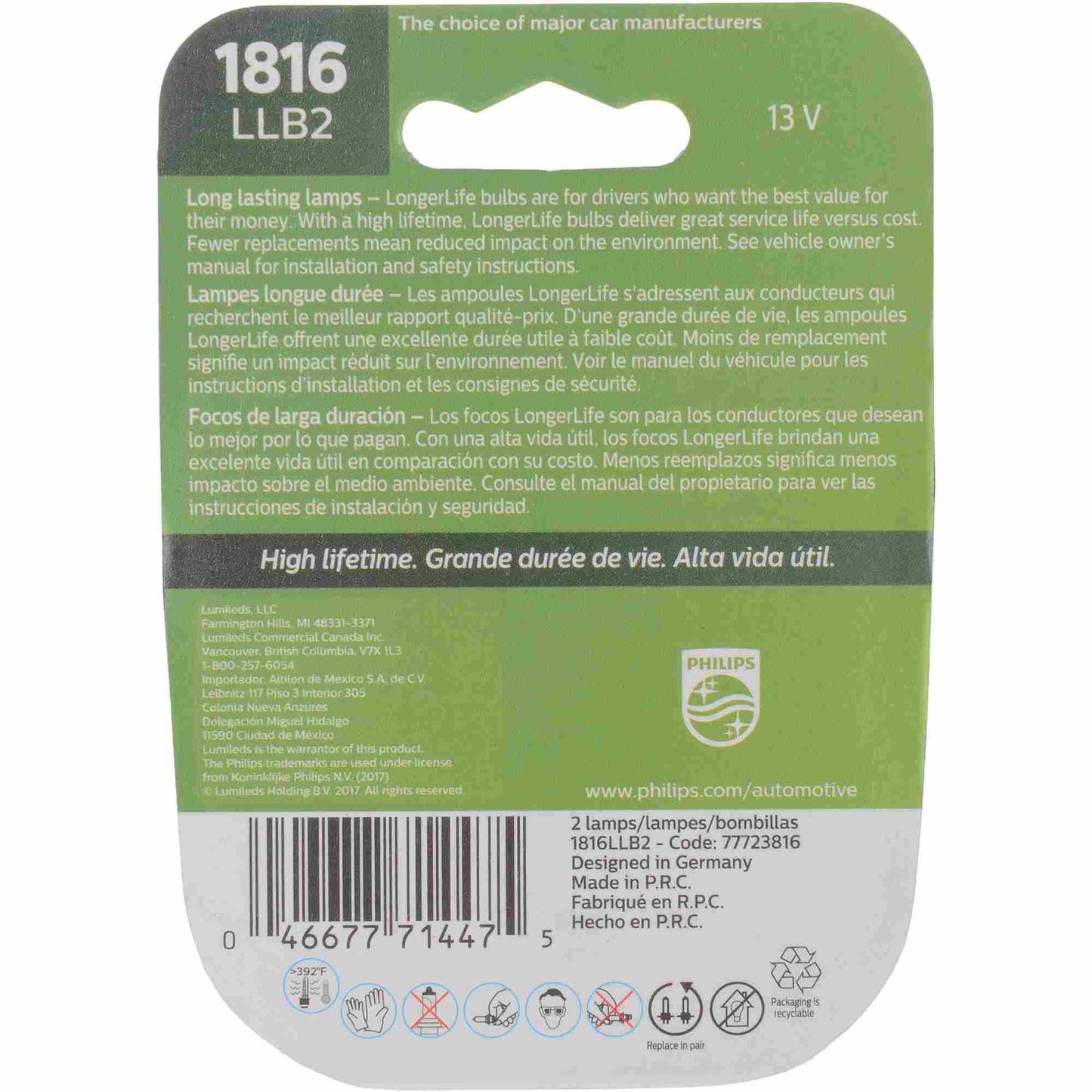 Philips Instrument Panel Light Bulb 1816LLB2