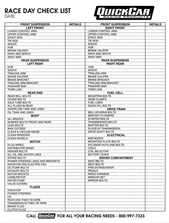 Quickcar Racing Products Race Day Check-List  Shop Equipment Note Pads and Set Up Sheets main image