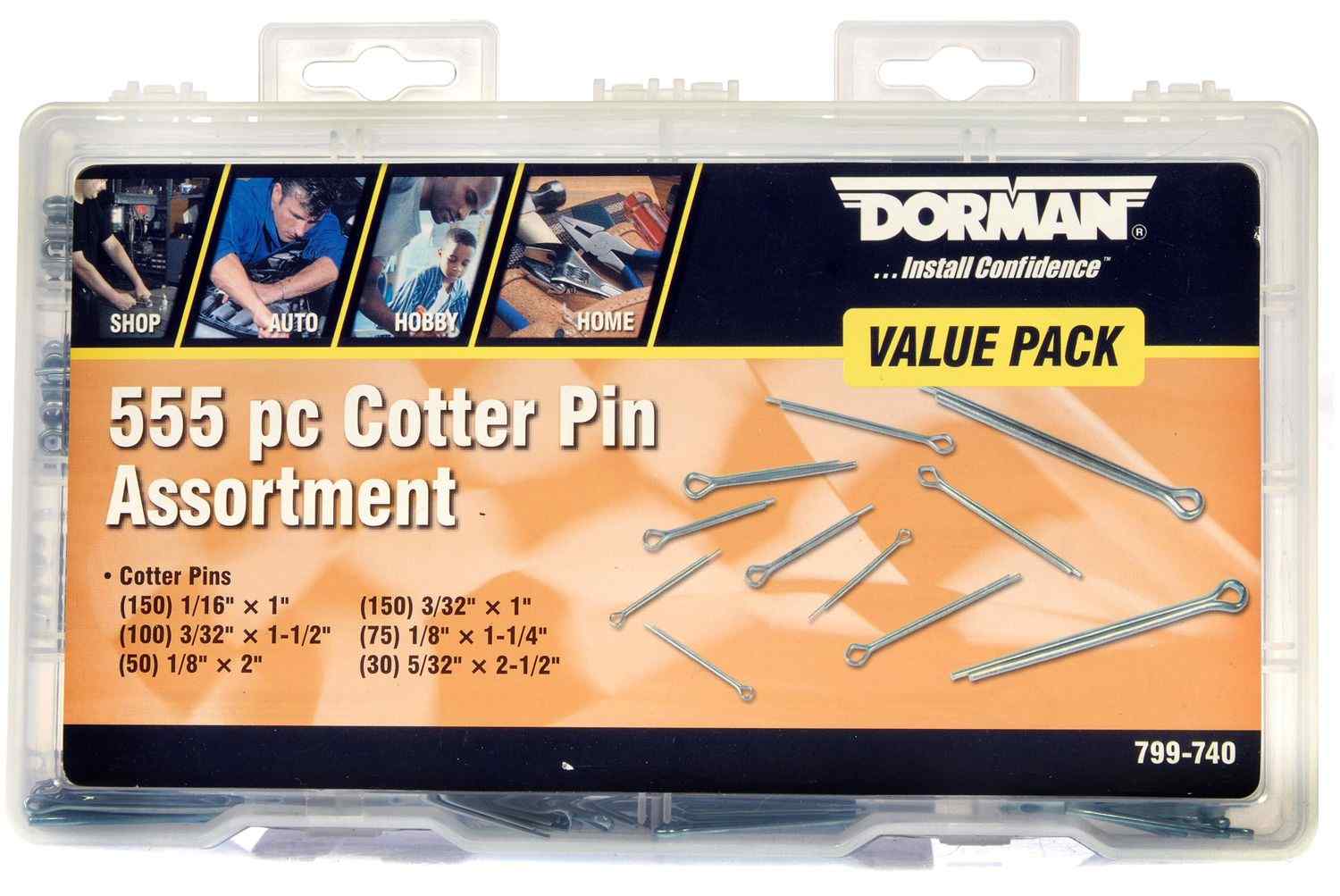 Dorman Cotter Pins, Assortment Value Pack, Steel, Zinc Plated, Plastic Case,