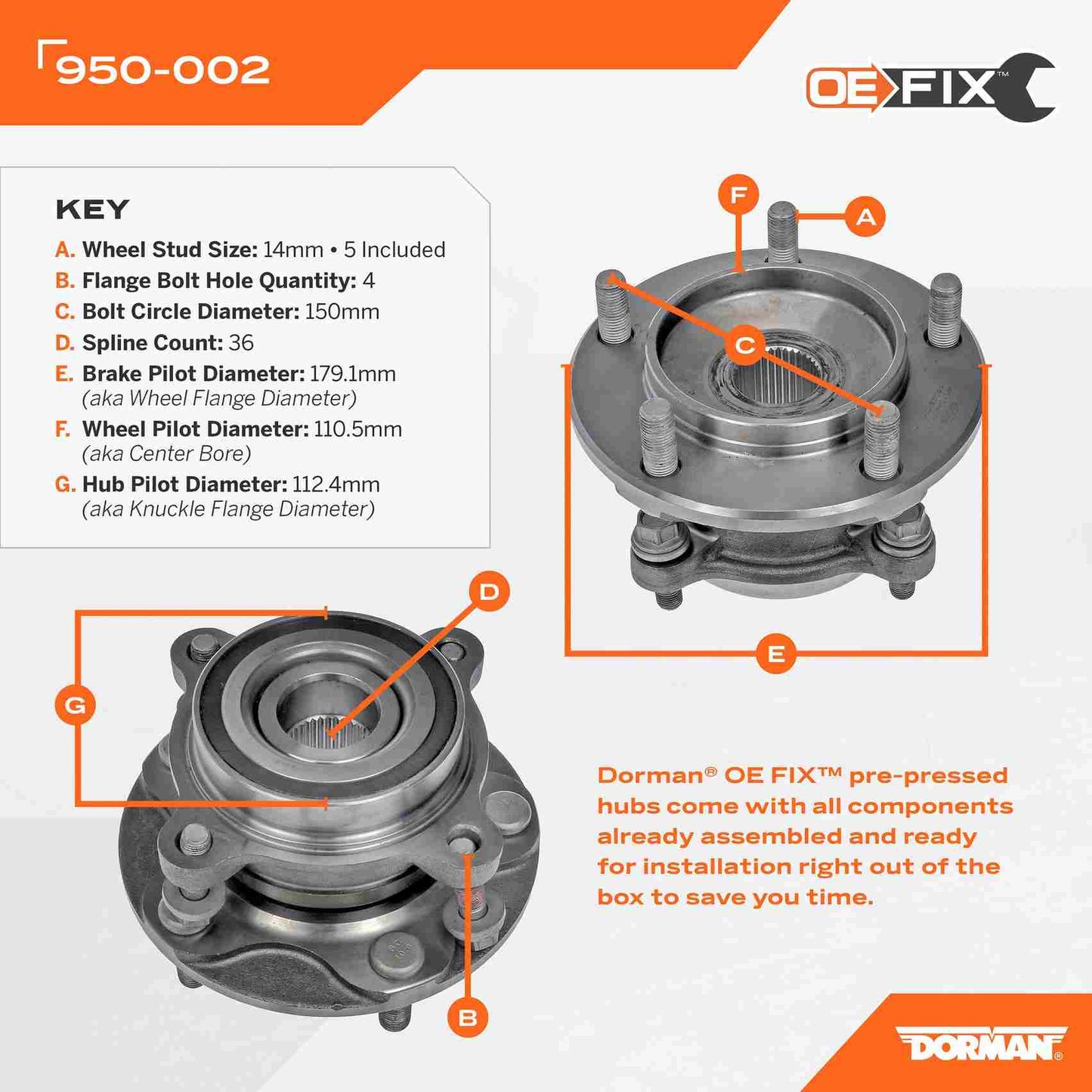 Dorman - OE Solutions Wheel Bearing and Hub Assembly with Pre-Pressed Hub for 2021-07 to 2022-08 Toyota Sequoia & Tundra Front 950-002