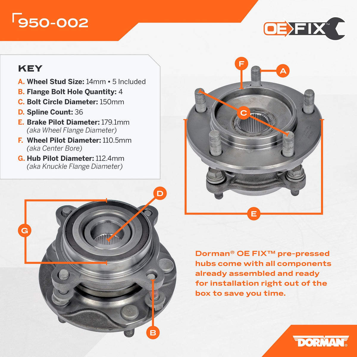 Dorman - OE Solutions Wheel Bearing and Hub Assembly with Pre-Pressed Hub for 2021-07 to 2022-08 Toyota Sequoia & Tundra Front 950-002