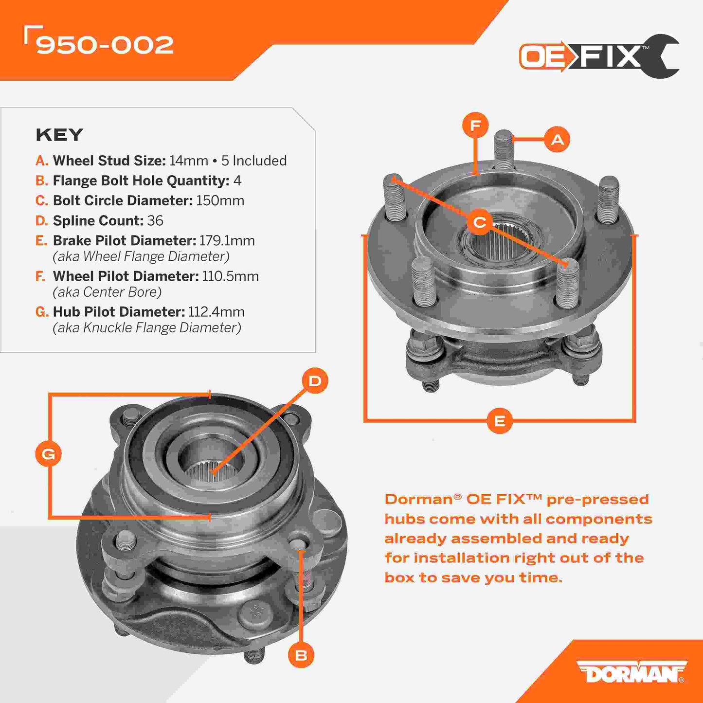 Dorman - OE Solutions Wheel Bearing and Hub Assembly with Pre-Pressed Hub for 2021-07 to 2022-08 Toyota Sequoia & Tundra Front 950-002