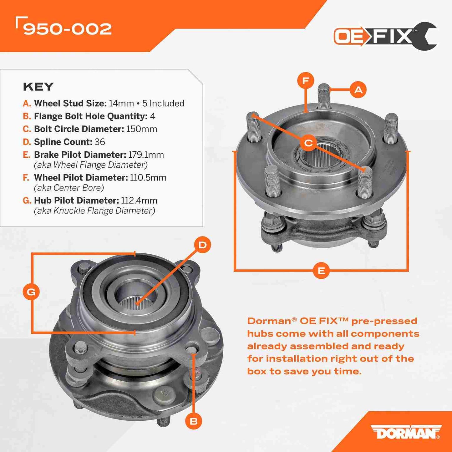 Dorman - OE Solutions Wheel Bearing and Hub Assembly with Pre-Pressed Hub for 2021-07 to 2022-08 Toyota Sequoia & Tundra Front 950-002