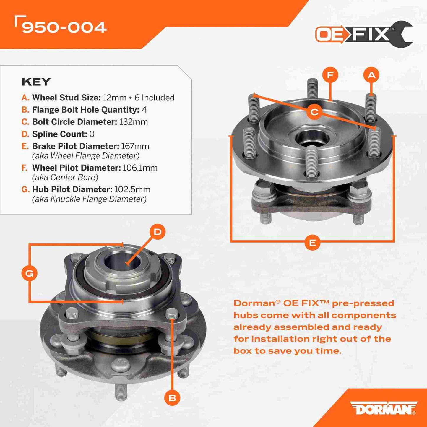 Dorman OE Solutions Wheel Bearing and Hub Assembly with Pre‑Pressed Hub for 2014‑2023 Toyota 4Runner FJ Cruiser Hilux Tacoma 950-004