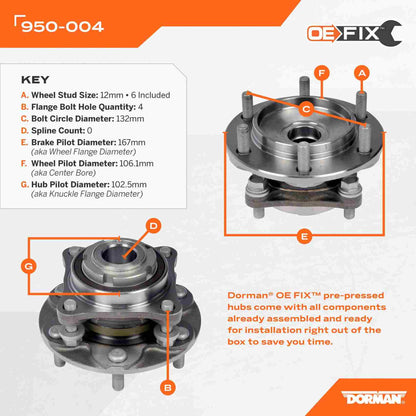 Dorman OE Solutions Wheel Bearing and Hub Assembly with Pre‑Pressed Hub for 2014‑2023 Toyota 4Runner FJ Cruiser Hilux Tacoma 950-004