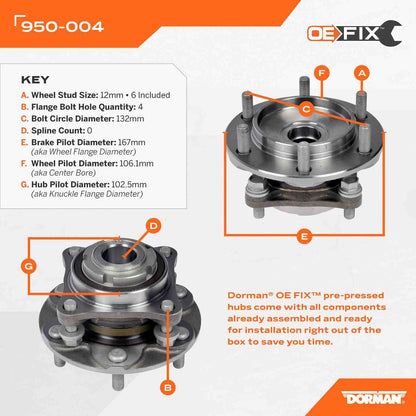 Dorman OE Solutions Wheel Bearing and Hub Assembly with Pre‑Pressed Hub for 2014‑2023 Toyota 4Runner FJ Cruiser Hilux Tacoma 950-004