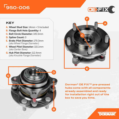 Dorman - OE Solutions Wheel Bearing and Hub Assembly Pre-Pressed Hub Assembly for 2022-08 Toyota Sequoia 2021-07 Toyota Tundra 950-006