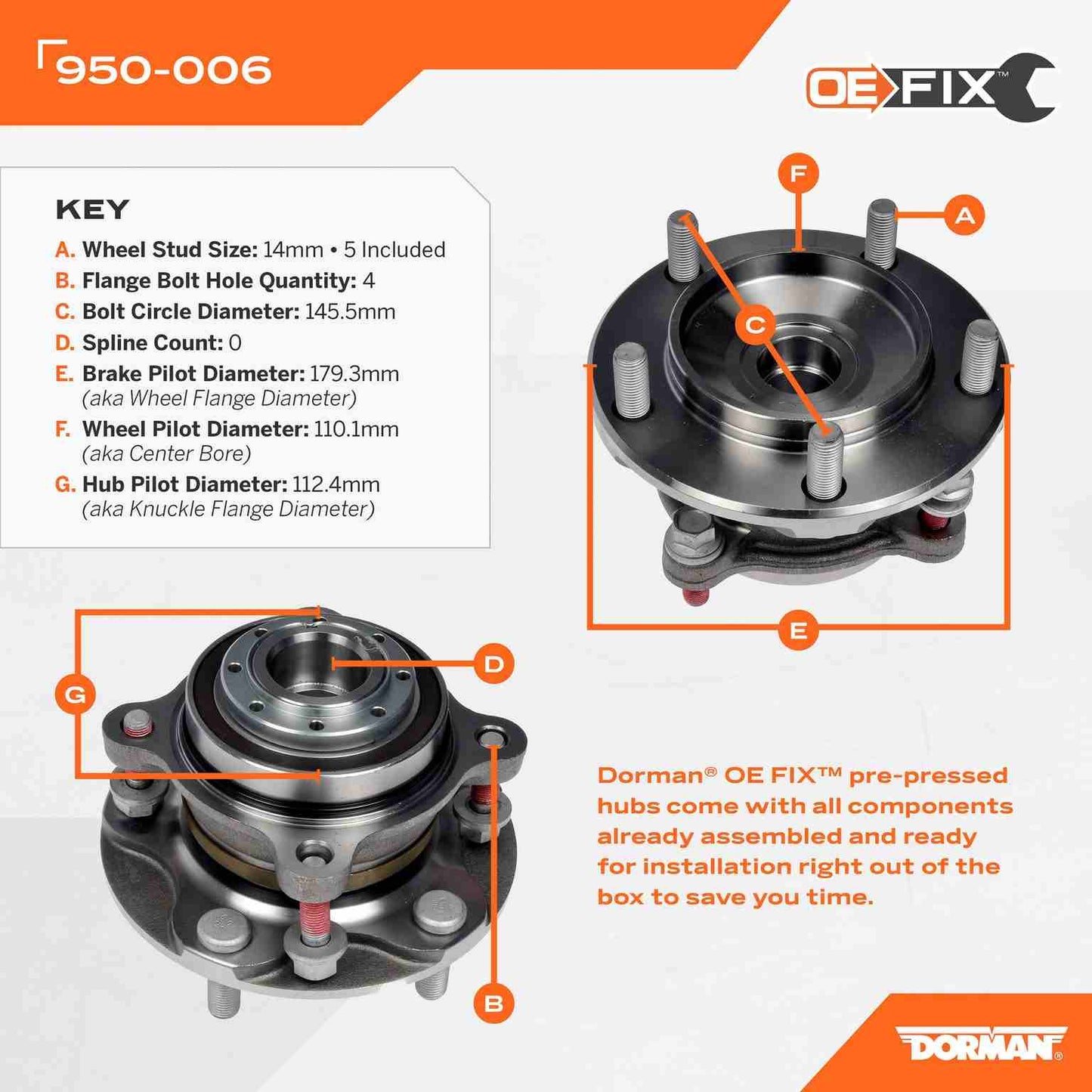 Dorman - OE Solutions Wheel Bearing and Hub Assembly Pre-Pressed Hub Assembly for 2022-08 Toyota Sequoia 2021-07 Toyota Tundra 950-006