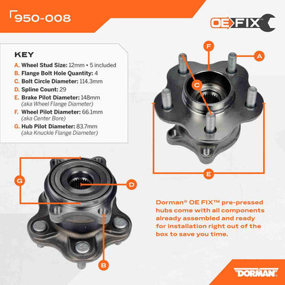 Dorman Wheel Bearing And Hub Assembly Pre-Pressed Hub Assembly For 2008-2003 Infiniti FX35 950-008