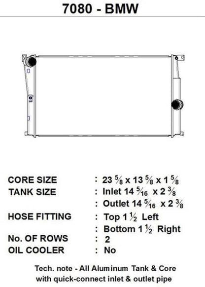 CSF BMW 2 Seires (F22/F23) / BMW 3 Series (F30/F31/F34) / BMW 4 Series (F32/F33/F36) M/T Radiator 7080 7080 Technical Drawing