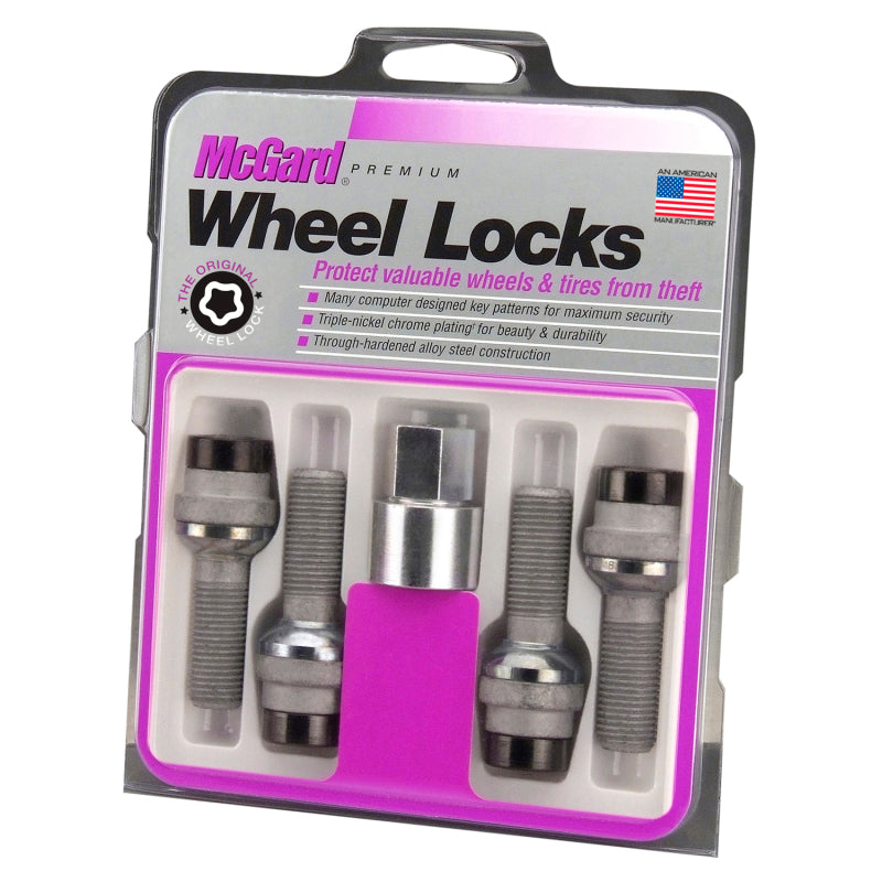 McGard Wheel Lock Bolt Set - 4pk. (Radius Seat) M14X1.5 / 19mm Hex / 35.4mm Shank Length - Black 28332 28332 Photo - in package