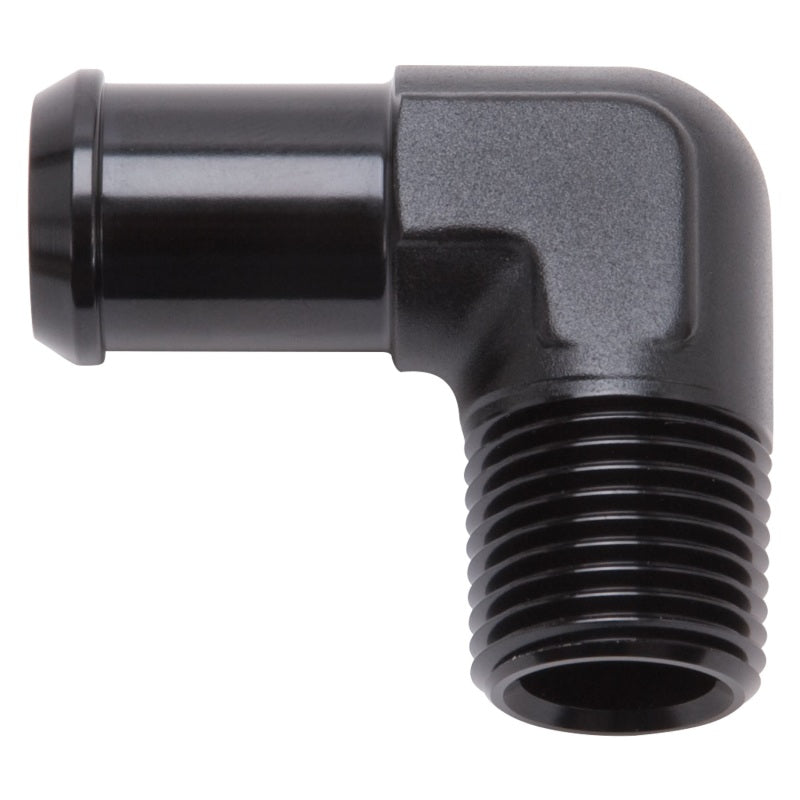 Edelbrock Hose End, 90-deg., 1/2" NPT to 1/2" Barb, Black Anodize 8180 Photo - Primary
