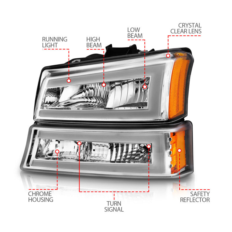 ANZO 2003-2006 Chevrolet Silverado 1500 Crystal Headlights w/ Light Bar Chrome Housing 111502 111502 Photo - Unmounted