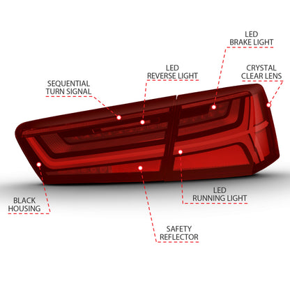 ANZO 2012-2018 Audi A6 LED Taillight Black Housing Red/Clear Lens 4 pcs (Sequential Signal) 321353 321353 Photo - Unmounted