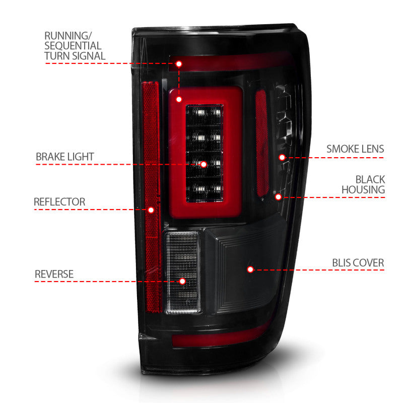 ANZO 21-23 Ford F-150 LED Taillights Seq. Signal w/BLIS Cover - Black Smoke 311474 311474 Photo - Unmounted