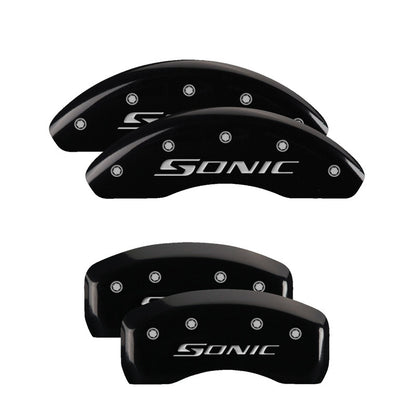 MGP 4 Caliper Covers Engraved Front & Rear Sonic Black finish silver ch 14229SSNCBK 14229SSNCBK Photo - Primary