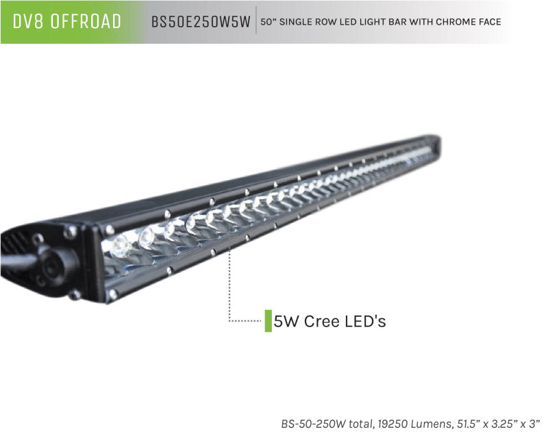 DV8 Offroad 50in Light Bar Slim 250W Spot 5W CREE LED - Black BS50E250W5W BS50E250W5W Product Brochure - a specific brochure describing a Product