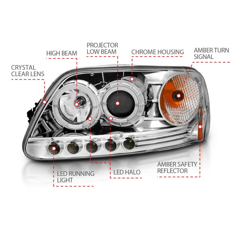 Anzo 1997.5-2003 Ford F-150 Projector Headlights w/ Halo and LED Chrome 1pc 111032 Photo - Unmounted