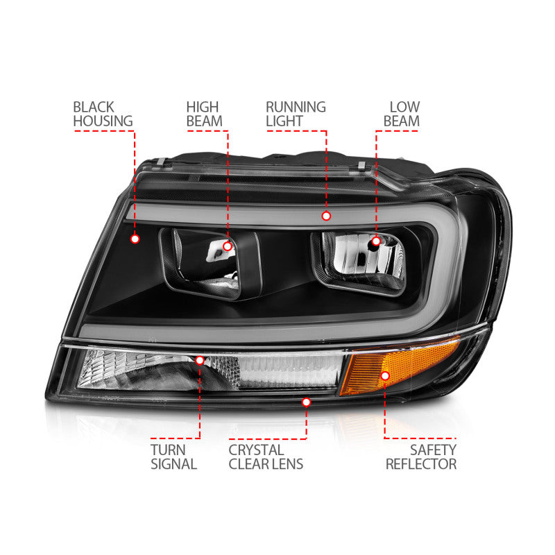 ANZO 99-04 Jeep Grand Cherokee Crystal Headlights - w/ Light Bar Black Housing 111537 111537 Photo - Unmounted