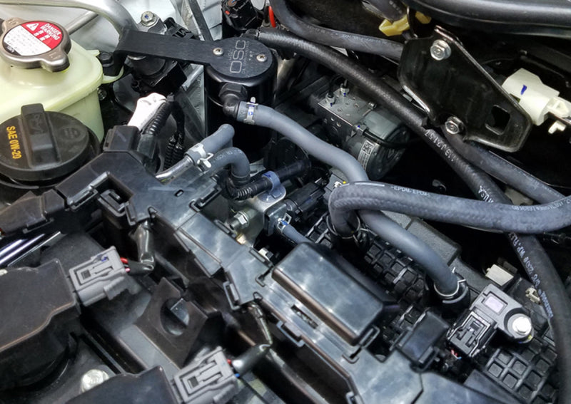 J&L 16-21 Honda Civic 1.5L Turbo (EX & Si) Passenger Side Oil Separator 3.0 - Black Anodized 3102P-B 3102P-B Photo - Mounted