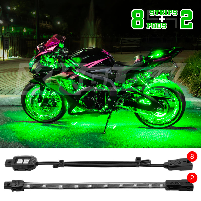 XKGLOW XK Glow Strips Single Color XKGLOW LED Accent Light Motorcycle Kit Green - 8xPod + 2x8In XK034001-G XK034001-G User 1