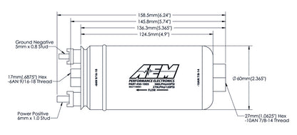 AEM Electronics 380lph Inline High Flow Fuel Pump 50-1005 Technical Drawing