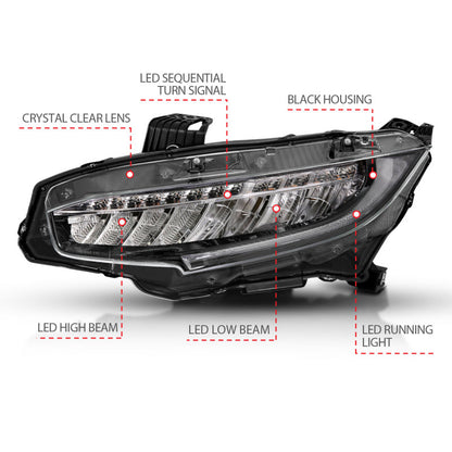 ANZO 16-17 Honda Civic Projector Headlights Plank Style Black w/Amber/Sequential Turn Signal 121527 121527 User 1