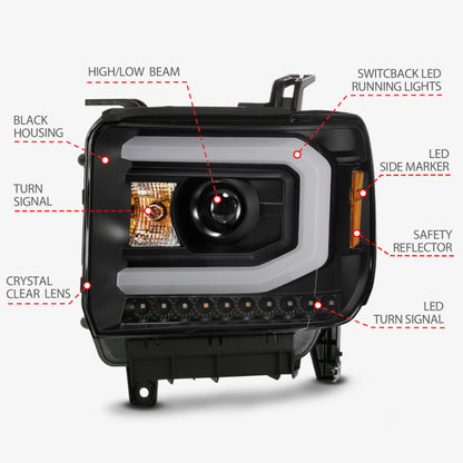 ANZO 2014-2015 Gmc Sierra 1500 Projector Headlight Plank Style Black w/ Switchback (Halogen Type) 111487 111487 Photo - Unmounted