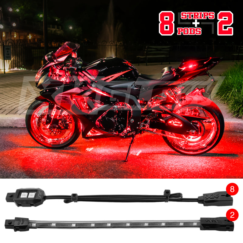 XKGLOW XK Glow Single Color XKGLOW LED Accent Light Motorcycle Kit Red - 8xPod + 2x8InStrips XK034001-R XK034001-R User 1