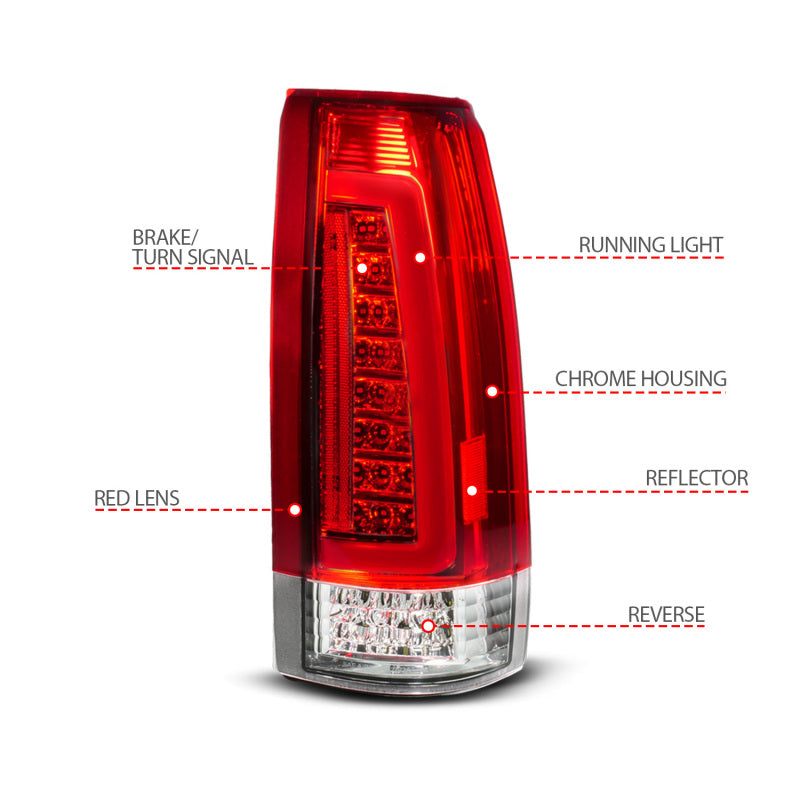 ANZO 88-99 Chevy C/K1500/2500/3500 Full LED Light Tube Taillights Chrome Housing Red/Clear Lens 311484 311484 Photo - Unmounted