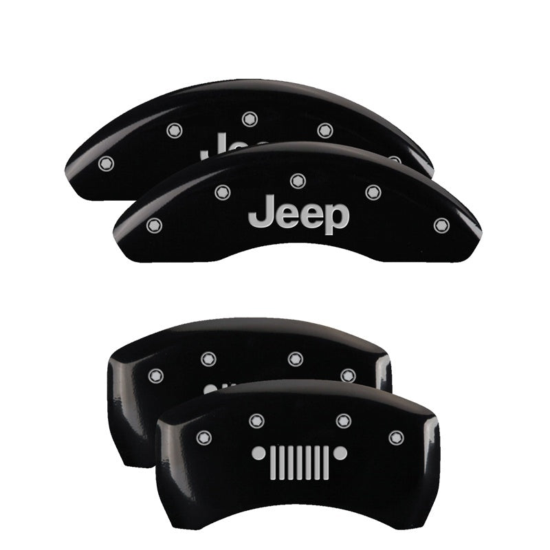 MGP 4 Caliper Covers Engraved Front JEEP Engraved Rear JEEP Grill logo Black finish silver ch 42013SJPLBK 42013SJPLBK Photo - Primary