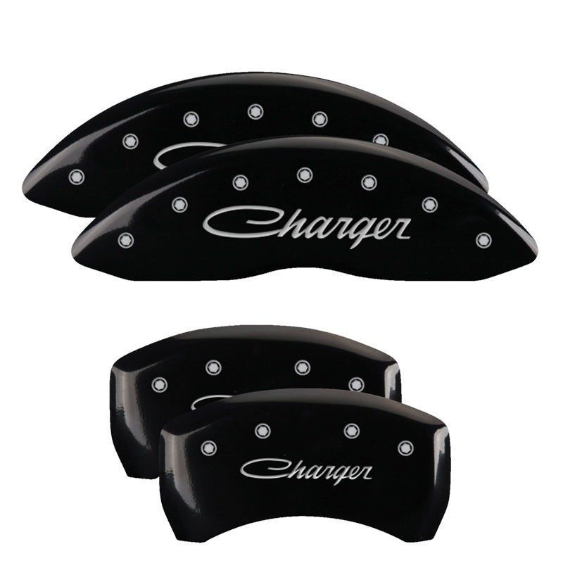MGP 4 Caliper Covers Engraved Front & Rear Cursive/Charger Black finish silver ch 12181SCHSBK 12181SCHSBK Photo - Primary