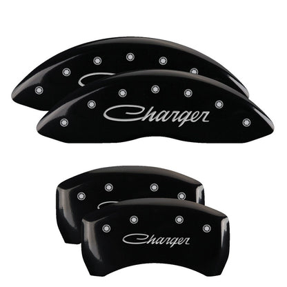 MGP 4 Caliper Covers Engraved Front & Rear Cursive/Charger Black finish silver ch 12162SCHSBK 12162SCHSBK Photo - Primary