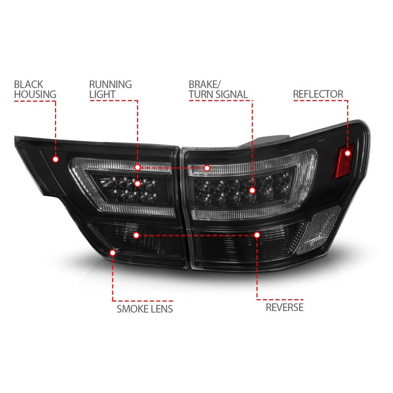 ANZO 11-13 Jeep Grand Cherokee LED Taillights w/ Lightbar Black Housing/Smoke Lens 4pcs 311440 311440 Photo - Unmounted