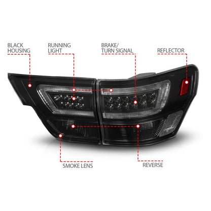 ANZO 11-13 Jeep Grand Cherokee LED Taillights w/ Lightbar Black Housing/Smoke Lens 4pcs 311440 311440 Photo - Unmounted
