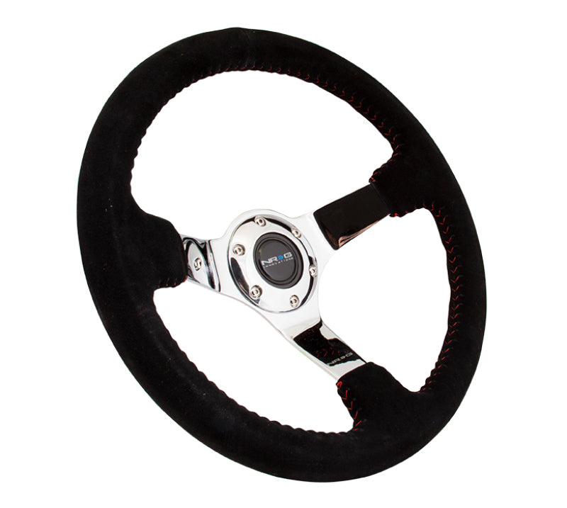 NRG Reinforced Steering Wheel (350mm / 3in. Deep) Blk Suede w/Red BBall Stitch & Chrome 3-Spoke RST-036CH-S RST-036CH-S Photo - Primary